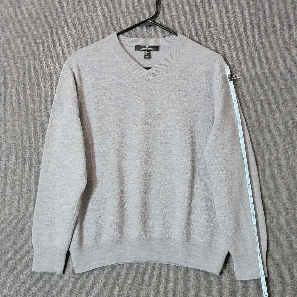 Daniel Bishop Sweater Mens M* Gray 100% Extra Fine Merino Wool V Neck Pullover